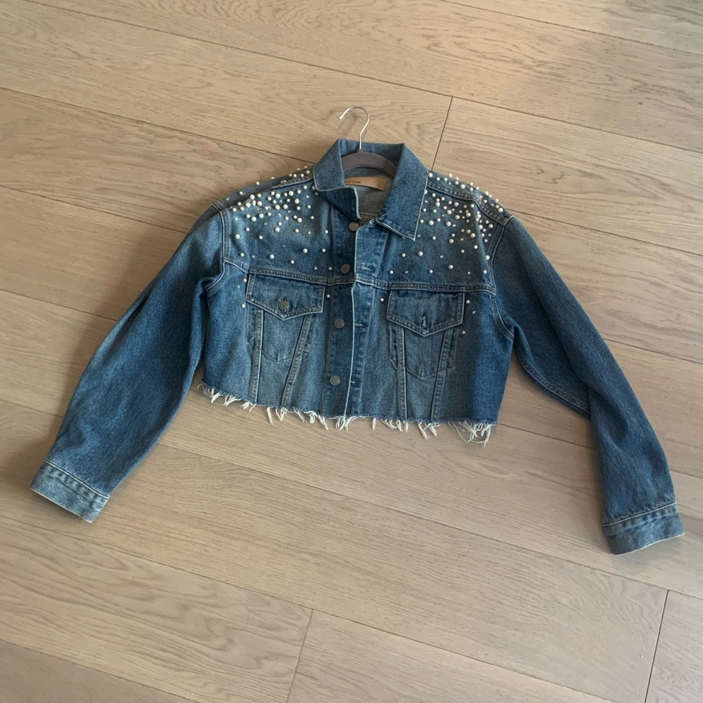 Grlfrnd Denim Pearl and Rhinestone Cropped Jacket